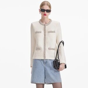 self-portrait Cream Textured Knit Embellished Cardigan Size XS - MSRP $585 - NWT